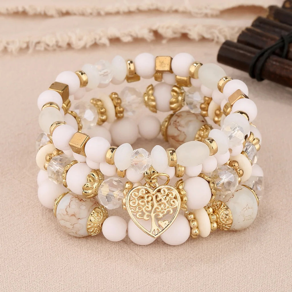 4Pcs Tree of Life Heart Bracelet Set For Women Acrylic Glass Beads Chain Elastic Bangle Female Fashion Party Jewelry Vera Lux