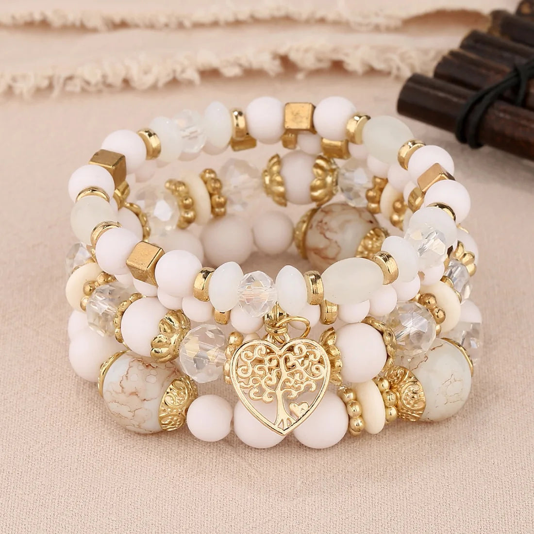 4Pcs Tree of Life Heart Bracelet Set For Women Acrylic Glass Beads Chain Elastic Bangle Female Fashion Party Jewelry Vera Lux