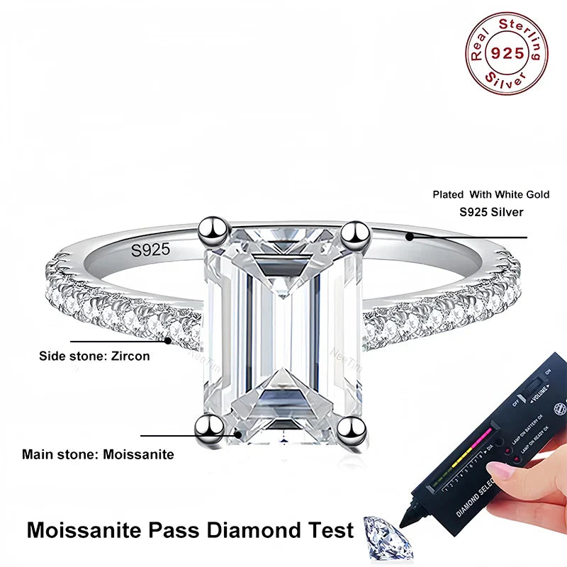 NeeTim 1CT 2CT Emerald Radiant Cut Moissanite Ring for Women Engagement Wedding Lab Diamond Sterling Silver 925 Rings Jewelry Vera Lux