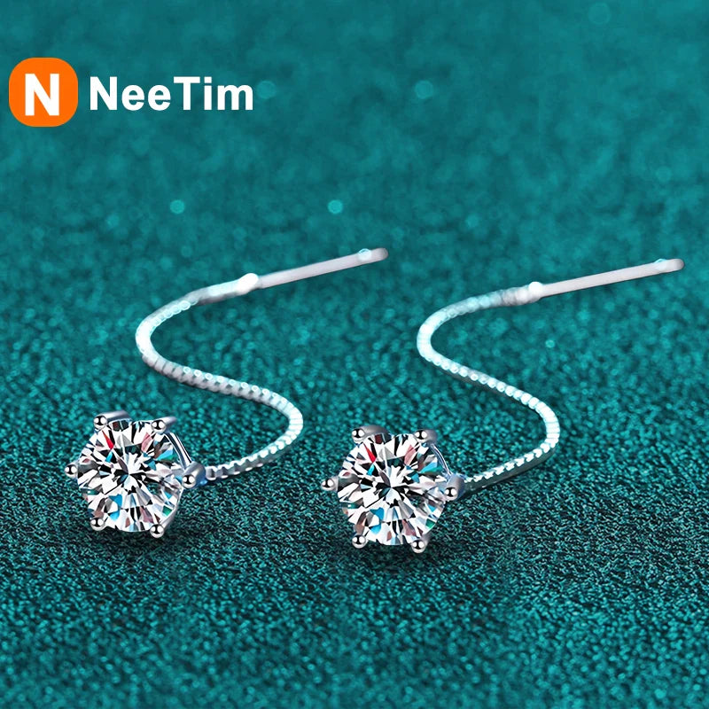 NeeTim 1CT Moissanite Earrings S925 Sterling Silver Plated with White Gold Ear Wire Line Drop Earring Hoop Wedding Fine Jewelry Vera Lux