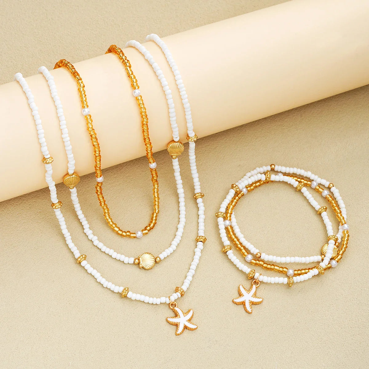 6Pcs/Set Rice Beaded Shell Starfish Pendant Necklace Bracelets Bohemian Elegant Gold White Color Jewelry Set Holiday Accessories Vera Lux
