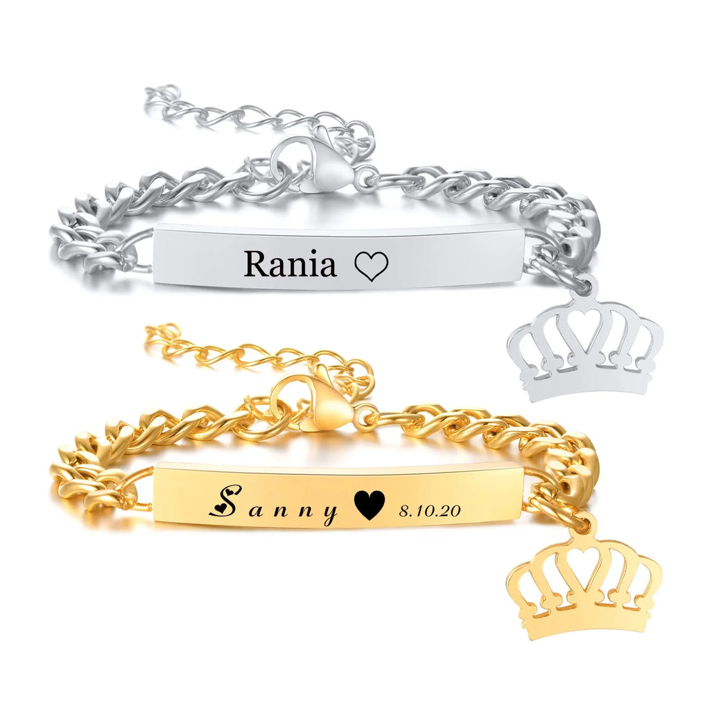 Custom Personalized Name ID Bracelet Gilrs Boy Gifts, Stainless Steel Curb Chain Link Crown Bracelet Not Allergic Vera Lux