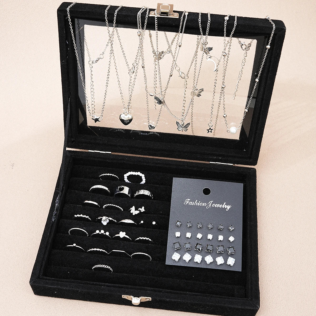 51 Pcs/Set Silver Color Chic Jewelry Set For Women Fashion Butterfly Heart Pearl Necklaces, Earrings, Rings, Match Daily Outfits Vera Lux