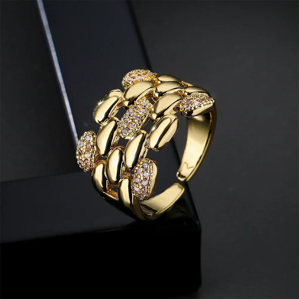 NEWBUY Trendy Gold Color Copper Geometric Jewelry Luxury AAA Cubic Zirconia Wedding Ring For Elegant Women Engagement Gift Vera Lux