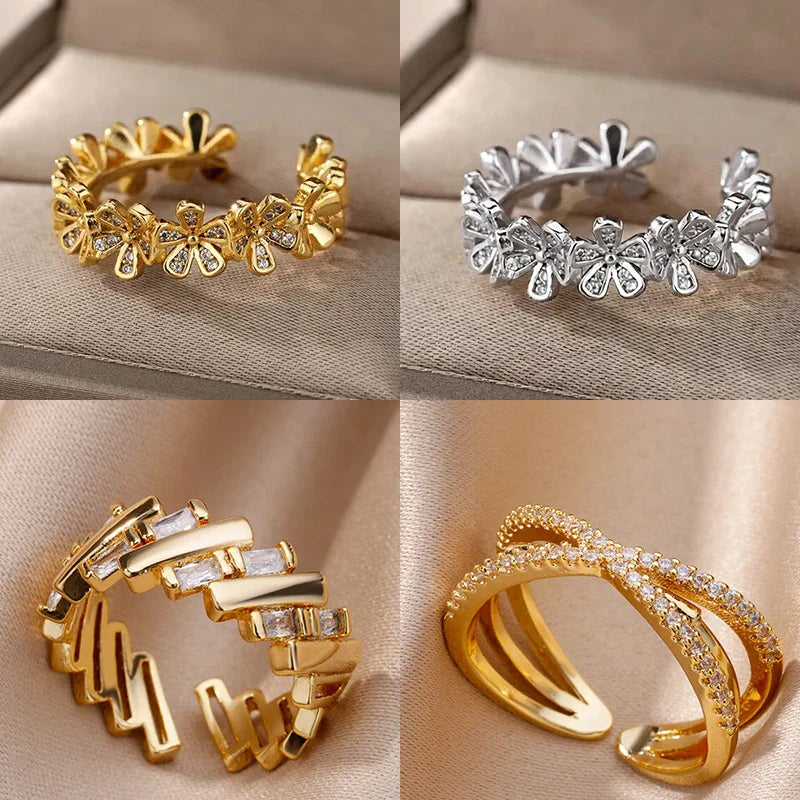 Ladies Flower Open Rings For Women Stainless Steel Cubic Zircon Flower Open Adjustable Ring Jewelry Students Girl Gift Vera Lux