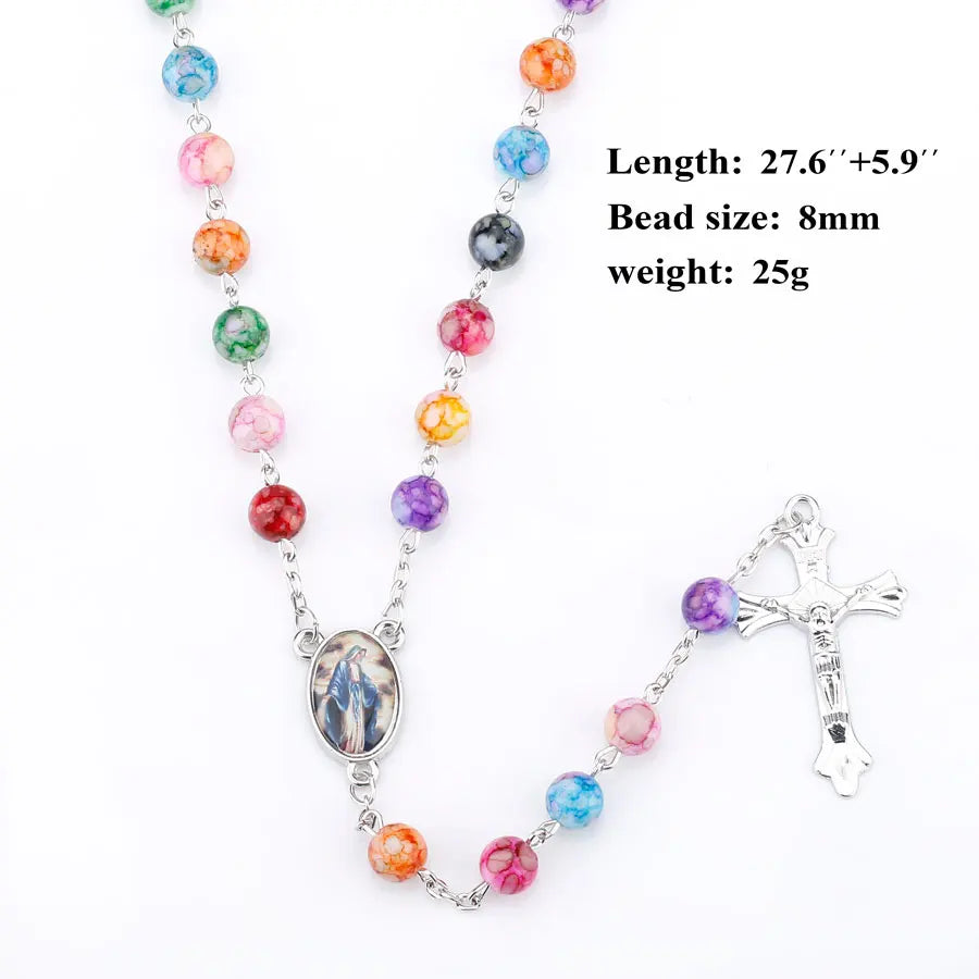 Religion Rosary Prayer Necklace For Women Virgin Mary INRI Cross Pendant Colorful Acrylic Beads Chain Christian Party Jewelry Vera Lux