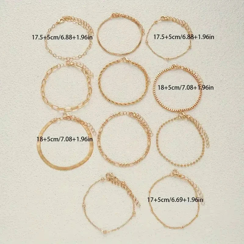 11pcs Chic Snake Chain Bracelet Set for Women Boho Simple Elegant Heart Geometric Chain Vacation Date Casual Jewelry Gifts Vera Lux