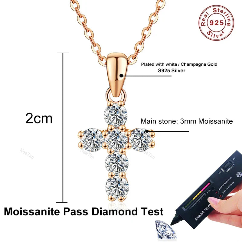 NeeTim 3mm D VVS1 Moissanite Cross Necklace for Women Lab Diamond Sterling Silver 925 Wedding Pendant Certified Necklaces Vera Lux