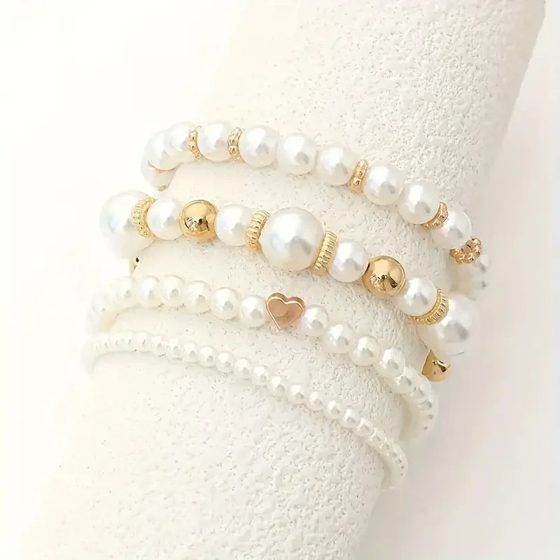 New 4 Pcs/Set imitation Pearl Beaded Bracelets Set for Women Fashion Gold Color Heart Big Pearl Bracelet Trendy Jewelry Gifts Vera Lux