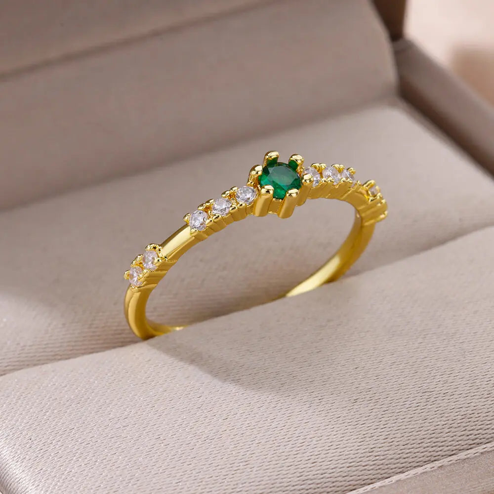 Tiny Green Zircon Round Rings For Women Geometric Stainless Steel Ring Luxury Wedding Christmas Jewelry Gift Free Shipping Vera Lux