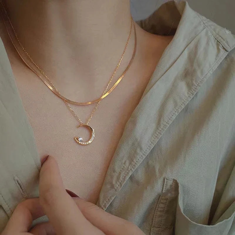 Fashion Shining Inlaid Zirconia Star Moon Pendant Necklace For Women Luxury Crystal Clavicle Chain Necklace Wedding Jewelry Vera Lux
