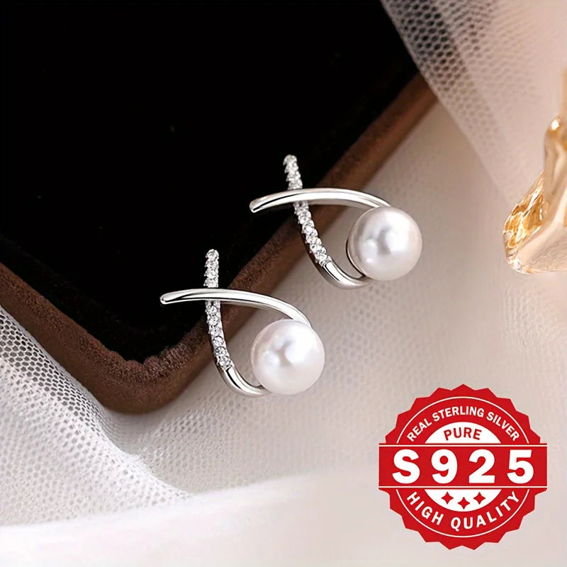 S925 silver, women's cross-tail shellfish pearl earrings, inlaid with synthetic zircon, elegant and suitable for daily wear Vera Lux
