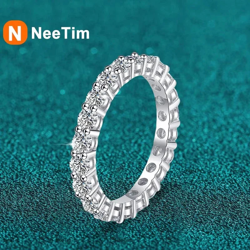 NeeTim 3mm All Moissanite Diamond Ring for Women Sterling Silver 925 with White Gold Plated Wedding Engagement Band Luxury Rings Vera Lux