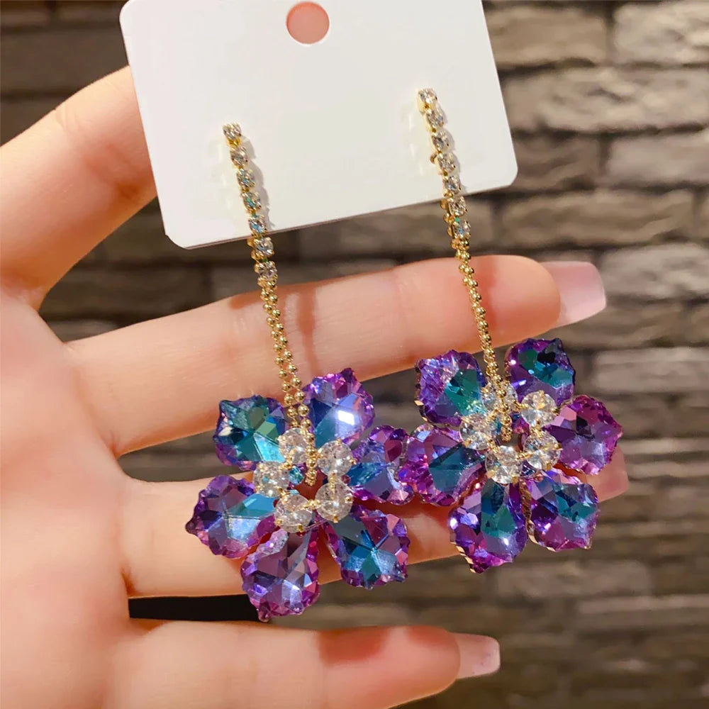 2025 New Colorful Purple Crystal Flower Dangle Drop Earrings for Women Trend Korea Fashion Luxury Wedding Party Banquet Jewelry Vera Lux