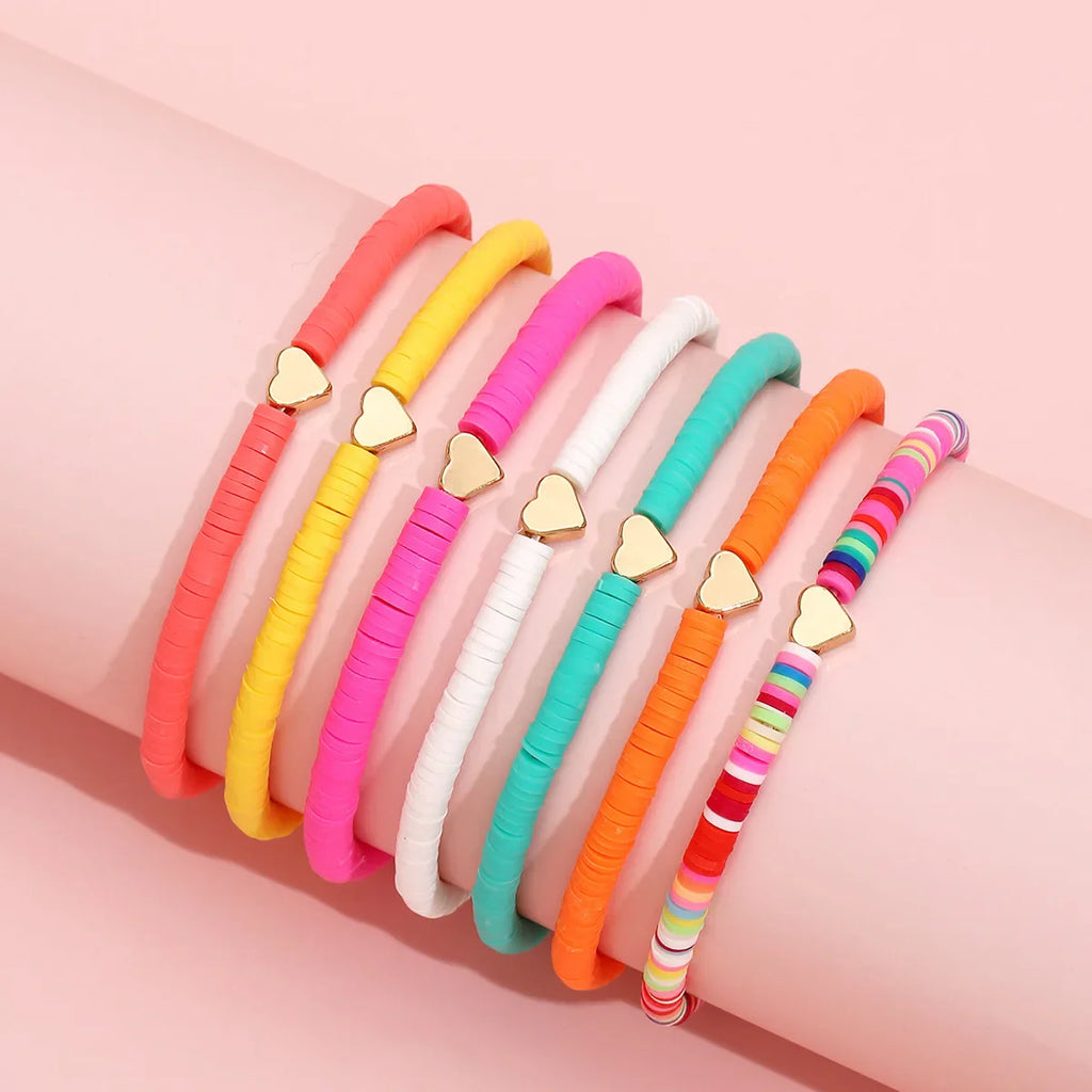 7Pcs Colorful Stackable Anklet Set For Women Heart Charm Soft Clay Pottery Layering Ankle Bracelet Girls Summer Beach Jewelry Vera Lux