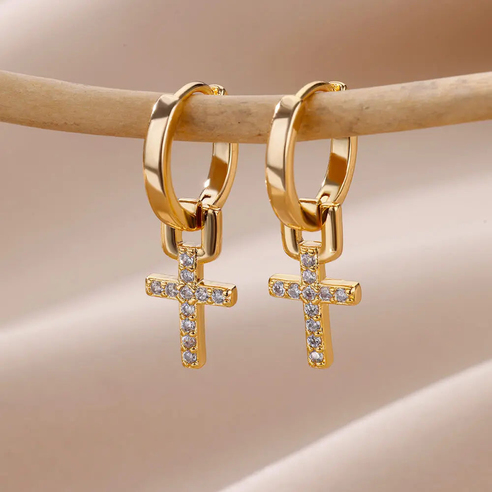 Zircon Cross Dangle Earrings For Women Girls Stainless Steel Cross Earring 2023 Trending Couple Wedding Aesthetic Jewelry aretes Vera Lux