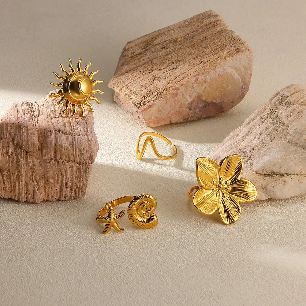 Elegant Stainless Steel Big Bloom Flower Rings For Women Gold Color Sun Starfish Open Ring Finger Jewelry Wedding Her Gift Punk Vera Lux