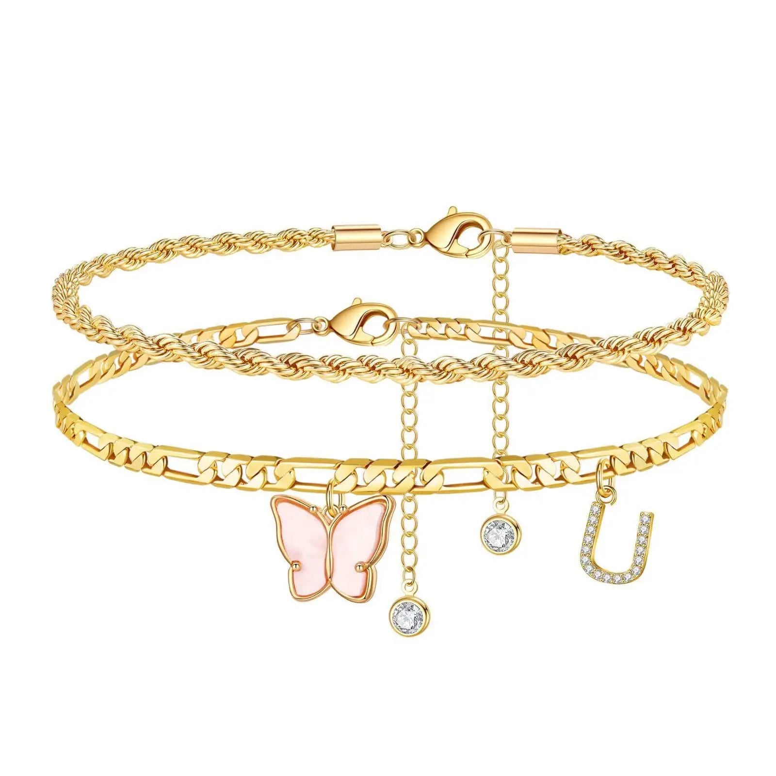 2Pcs Stainless Steel Initial Anklet Set For Women 26 Letter Acrylic Butterfly Charm Chain On Foot Summer Ankle Bracelet Jewelry Vera Lux