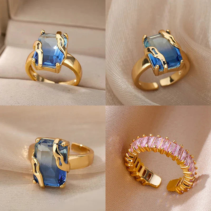 Cubic Zircon Blue Square Stone Rings For Women Stainless Steel Square Stone Finger Ring Party Aesthetic Valentine Jewelry Gift Vera Lux
