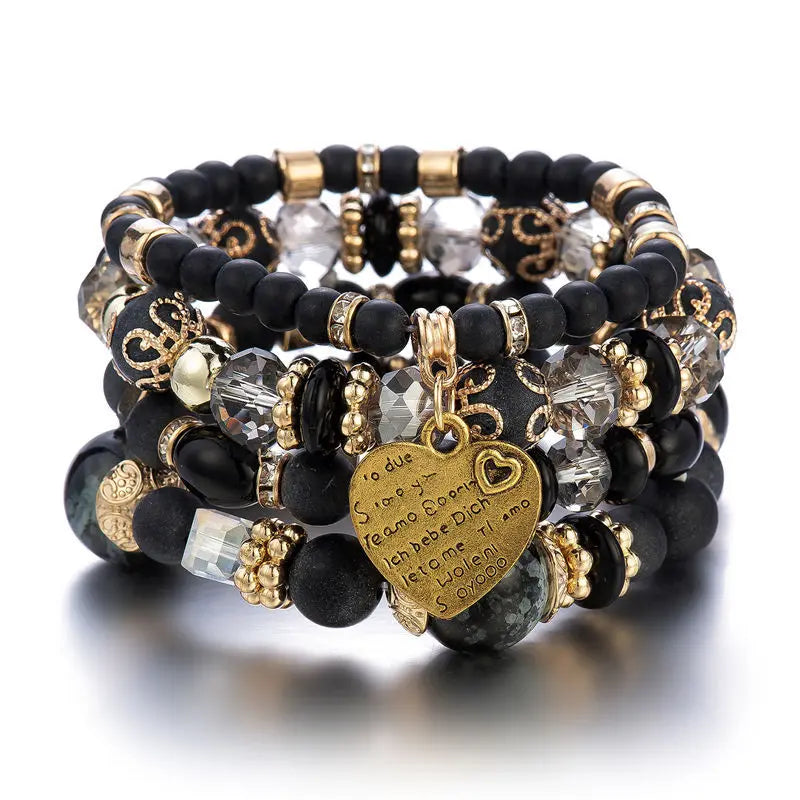 4Pcs Boho Crystal Beads Chain Bracelet Set For Women Vintage Heart Charm Elastic Bangle Female Fashion Party Jewelry Vera Lux