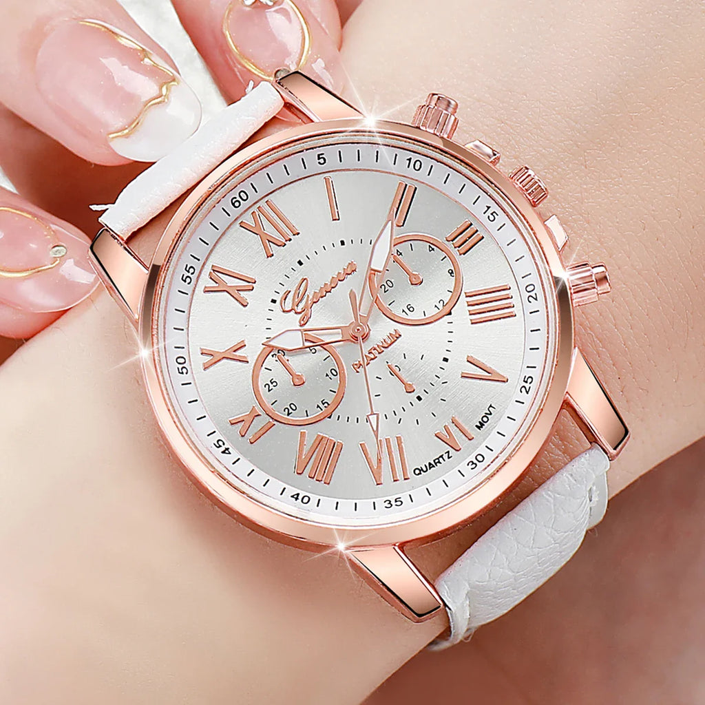 5PCS Women's Watches Fashion Roma Dial Leather Band Quartz Watch Ladies Silicone Band Wristwatch Reloj Mujer（Without Box） Vera Lux