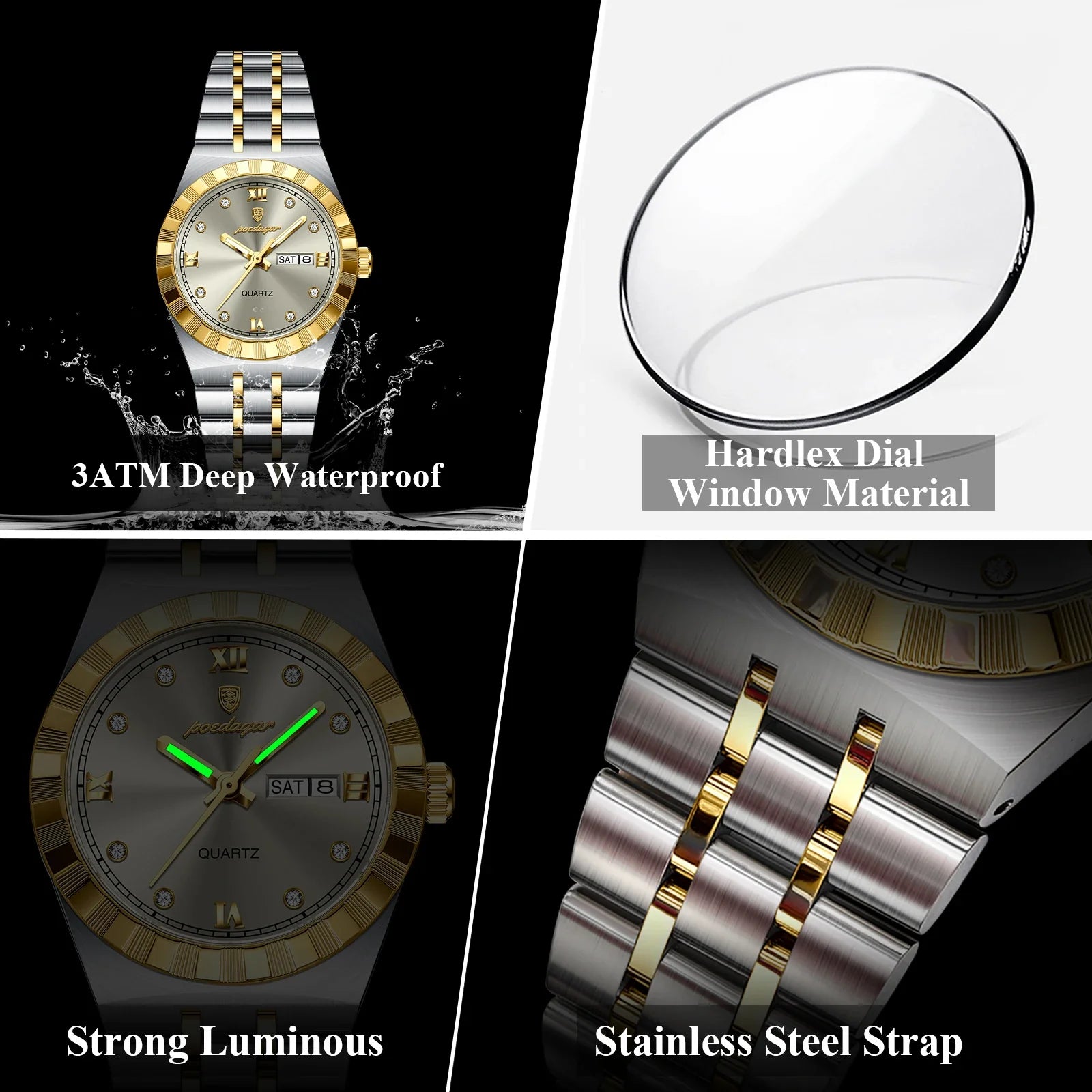 POEDAGAR Luxury Original Ladies Watch Luminous Waterproof Week Date Woman Wristwatch Stainless Steel Women Quartz Watches Female Vera Lux