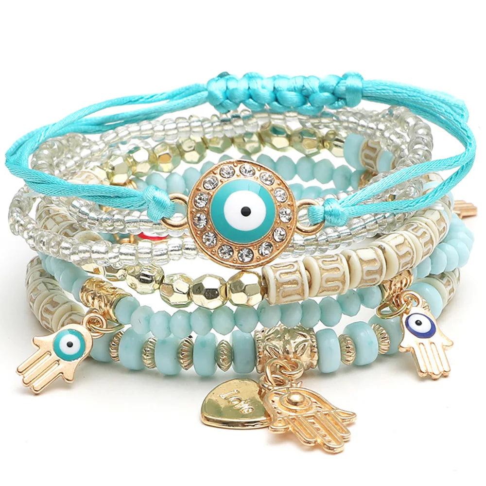 6Pcs Fatima Hand Evil Eye Bracelet Set For Women Heart Charm Beads Rope Chain Bangle Female Bohemian Handmade Jewelry Vera Lux