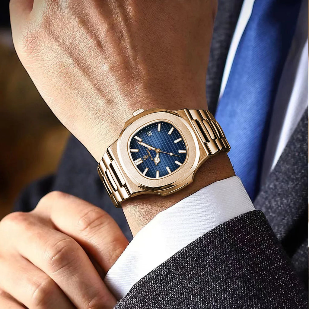 POEDAGAR Fashion Square Male Quartz Watch Waterproof Luminous Date Stainless Steel Man Watch Business Luxury Men's Watches Reloj Vera Lux