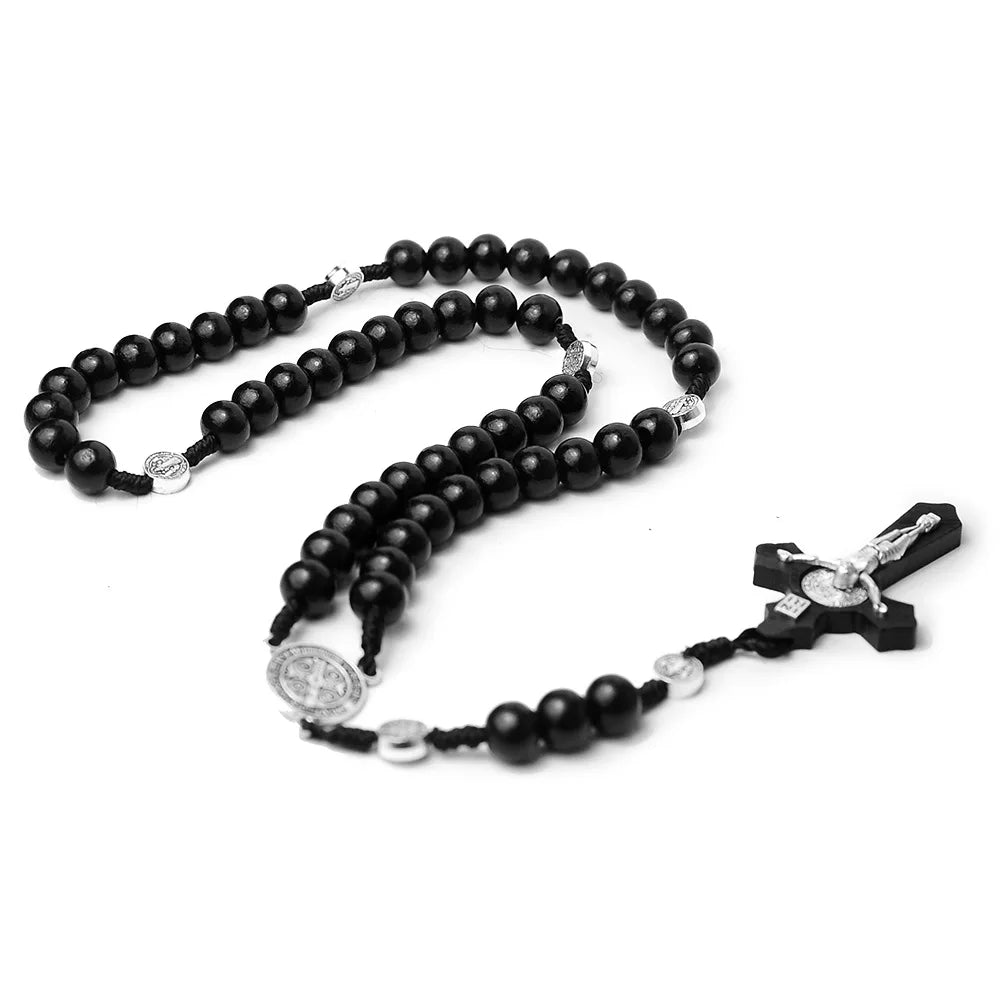 Catholic Wood Beaded Rosary Necklaces For Women Christian INRI Crucifix Cross Pendant Long Chain Men Religion Prayer Jewelry Vera Lux