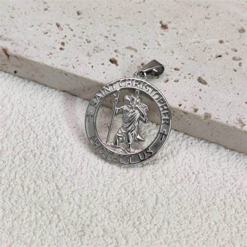 Hot Sale Religious 18K Gold Plated St.Christopher Necklace Stainless Steel Pendant Necklace For Men Women Jewelry Gift Vera Lux