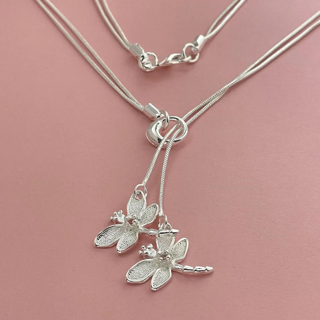 925 Sterling Silver Two Dragonfly Pendant Necklace For Women Snake Chain Necklace Wedding Engagement Jewelry Vera Lux