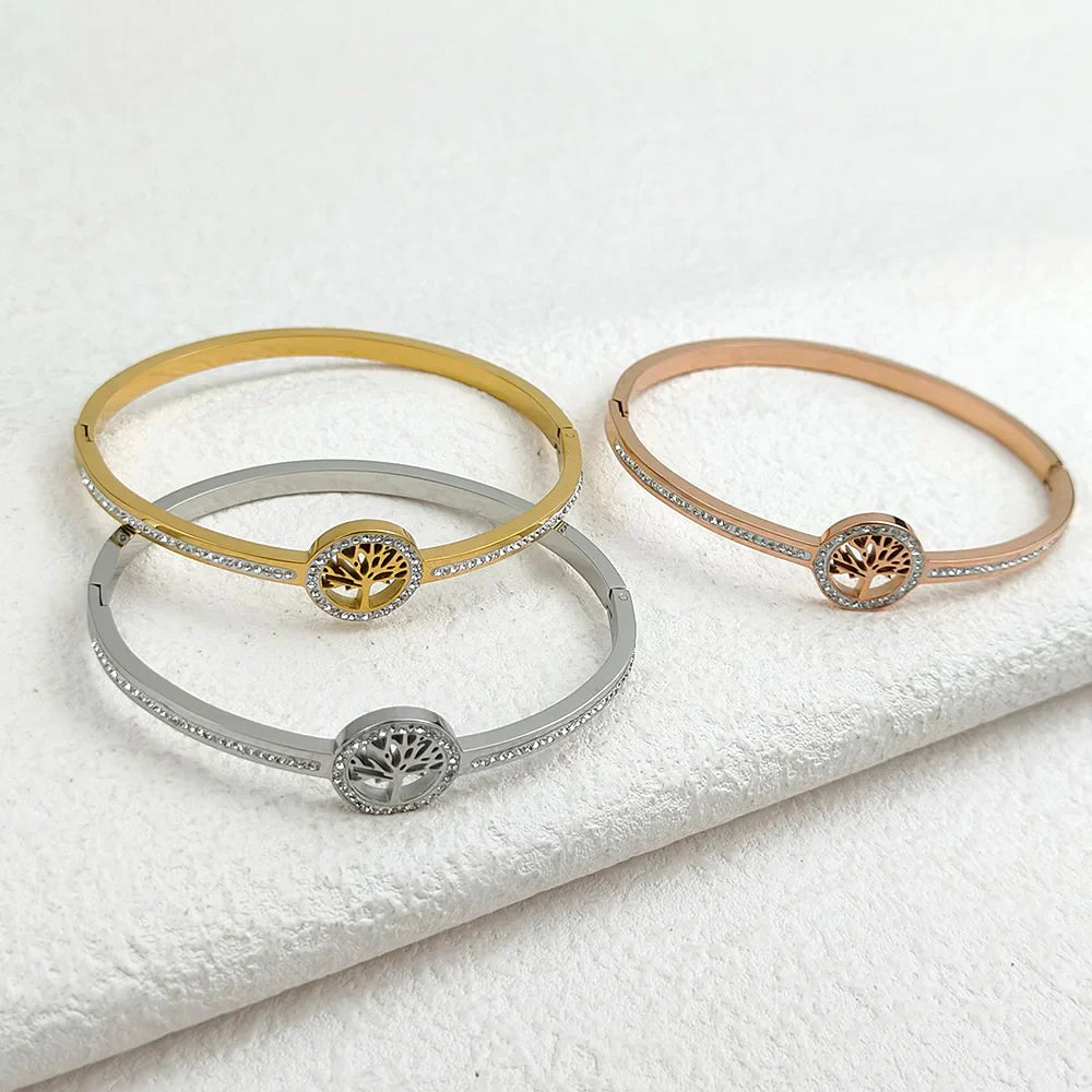 Luxury Stainless Steel Tree of Life Bangle for Women Men Crystal Zircon Bracelet Silver Gold Color Wrist Jewelry Accessories Vera Lux