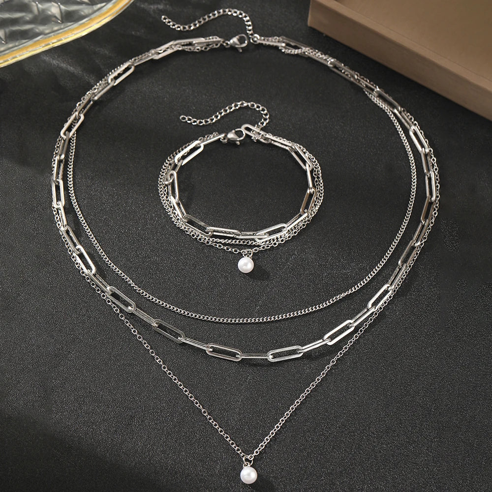 Aomogo Stainless Steel Jewelry Set Delicate Pearl Pendant Jewelry Set Luxury Multi-Layer Chain Jewelry Set For Women Jewelry Vera Lux