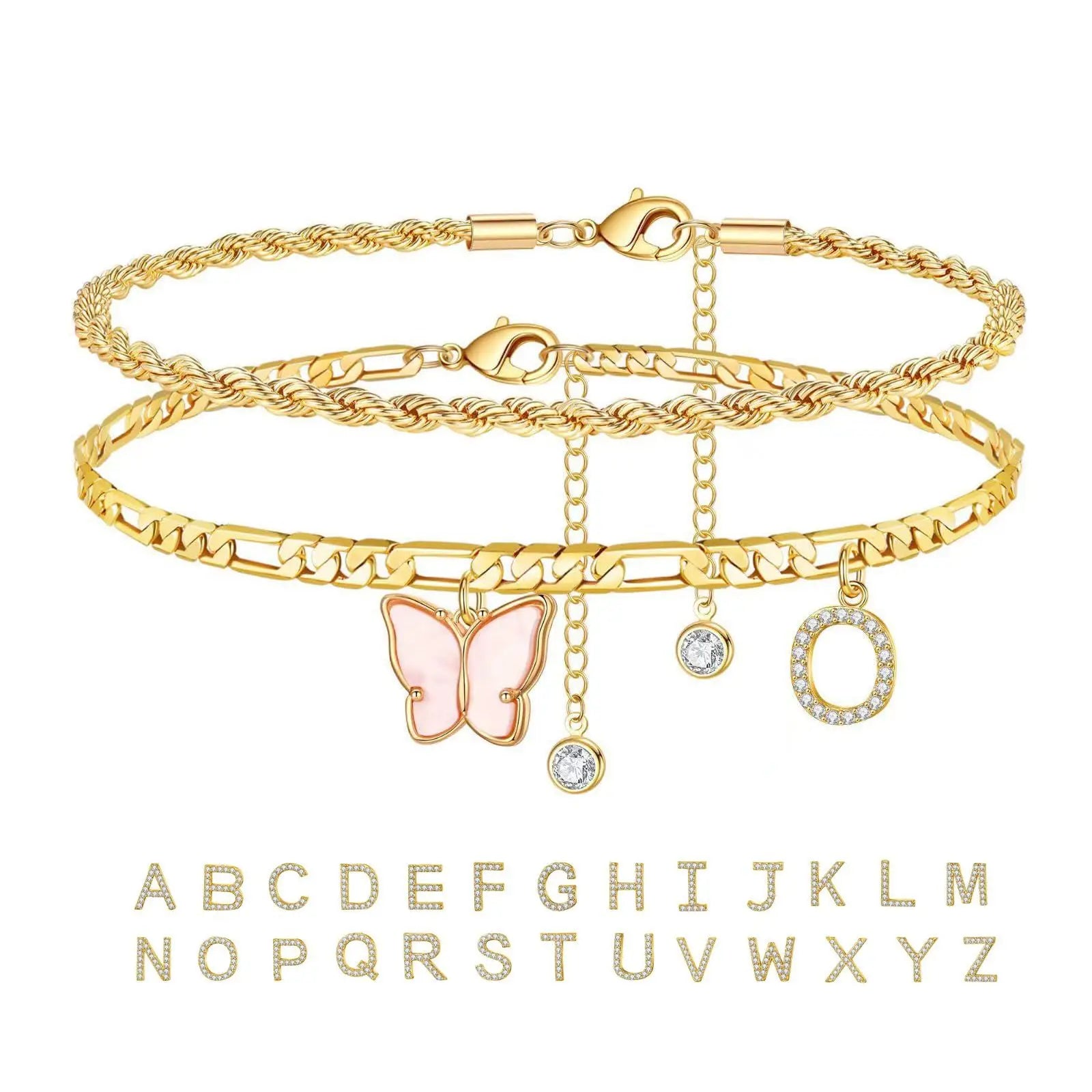 2Pcs Stainless Steel Initial Anklet Set For Women 26 Letter Acrylic Butterfly Charm Chain On Foot Summer Ankle Bracelet Jewelry Vera Lux