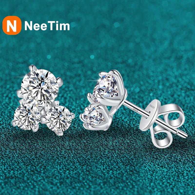 NeeTim All D VVS1 Moissanite Stud Earrings for Woman Wedding Jewely 925 Sterling Sliver with white Gold Plated Studs Earring Vera Lux