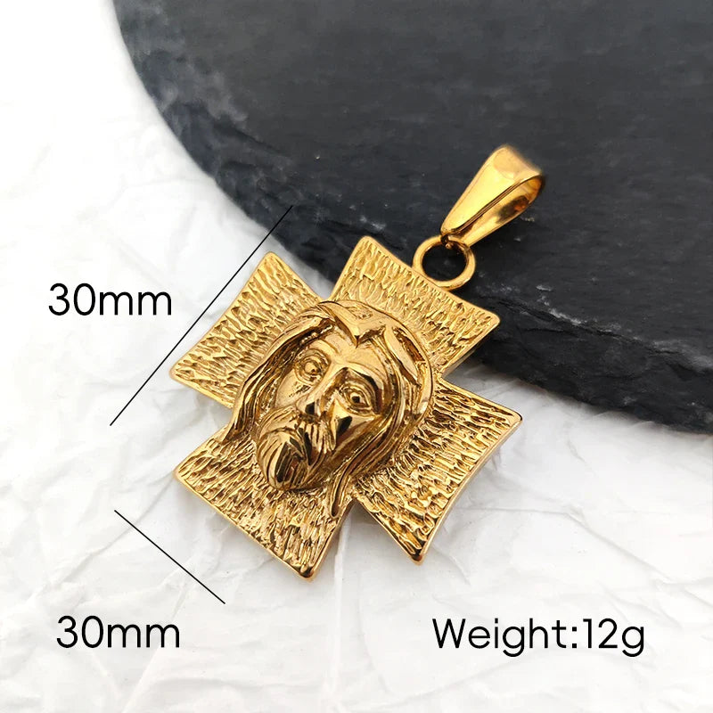 18K Gold Plated Jesus Face Cross Pendant Necklace Religious Charm for Men Women Faith-Inspired Jewelry Christian Gift Vera Lux