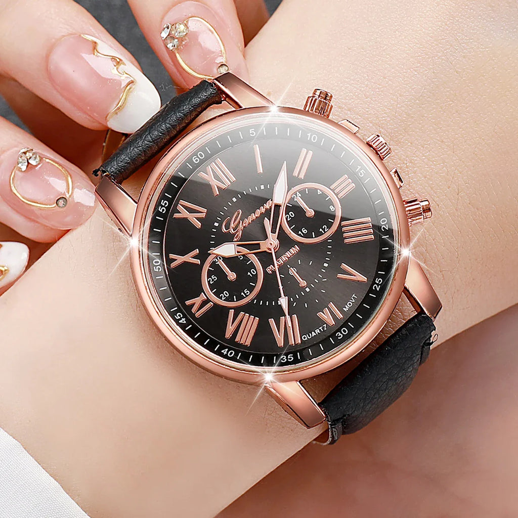 5PCS Women's Watches Fashion Roma Dial Leather Band Quartz Watch Ladies Silicone Band Wristwatch Reloj Mujer（Without Box） Vera Lux