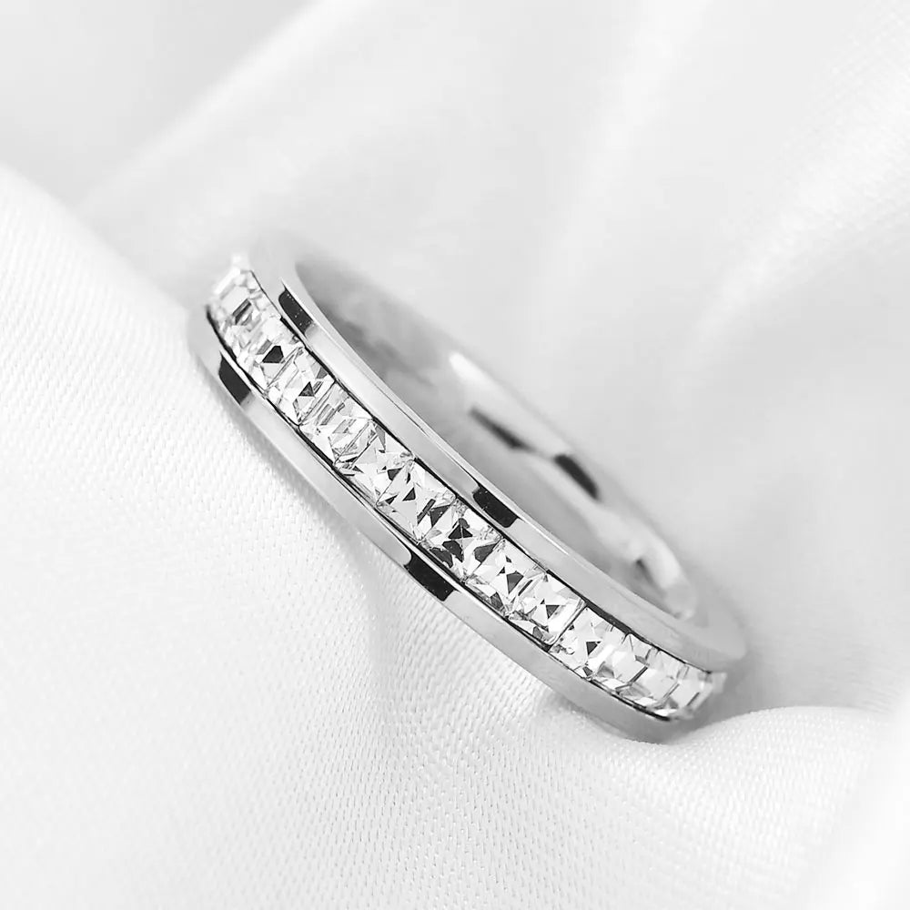VQYSKO Square Zircon Stainless Steel Ring White Zircon Engagement Party Accessories Geometric Couple Custom Ring Vera Lux
