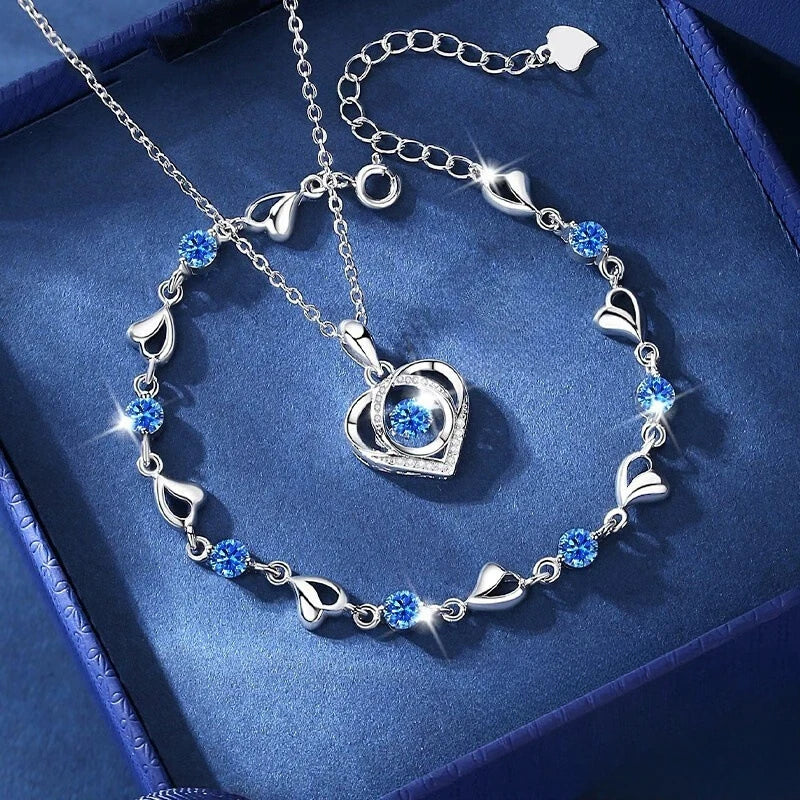 925 Sterling Silver Heart Shaped Necklace Bracelet Set for Women Vintage Korean Blue Crystal Bracelets Jewelry Set Party Jewelry Vera Lux