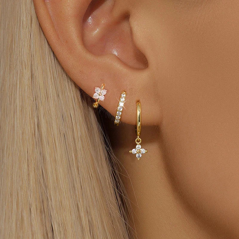 3PCS Trendy Stainless Steel Flower Drop Earring Set For Women Crystal Zirconia Dangle Earring Hypoallerg Piercing Jewelry aretes Vera Lux