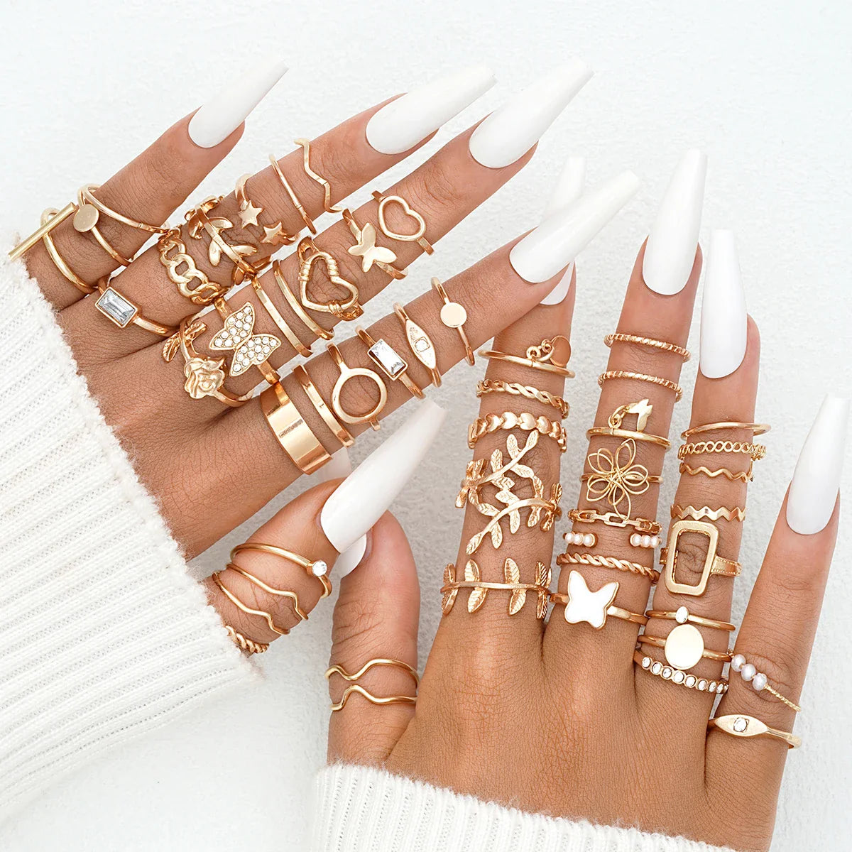 58PCS Vintage Heart Snake Butterfly Rings Set for Women Fashion Metal Gold Plated Geometric Hollow Finger Ring Jewelry Gifts New Vera Lux