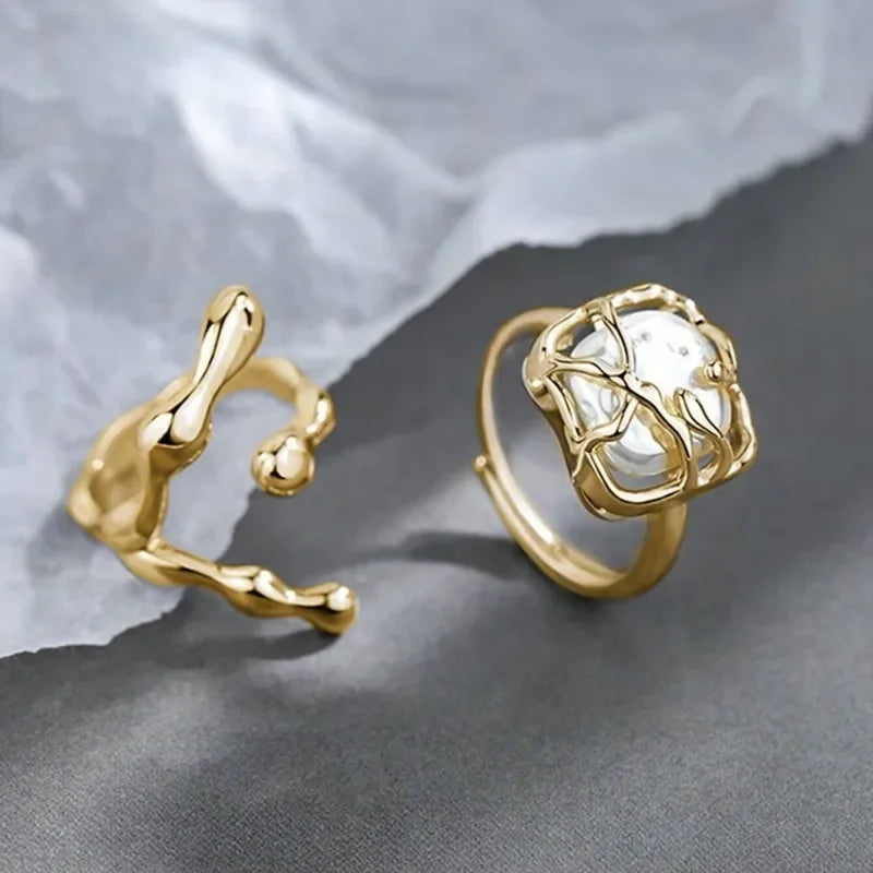 New Irregular Opening Pearl Ring Two-piece Set For Women Fashionable Personalized Daily Accessory Party Jewelry Birthday Gifts Vera Lux