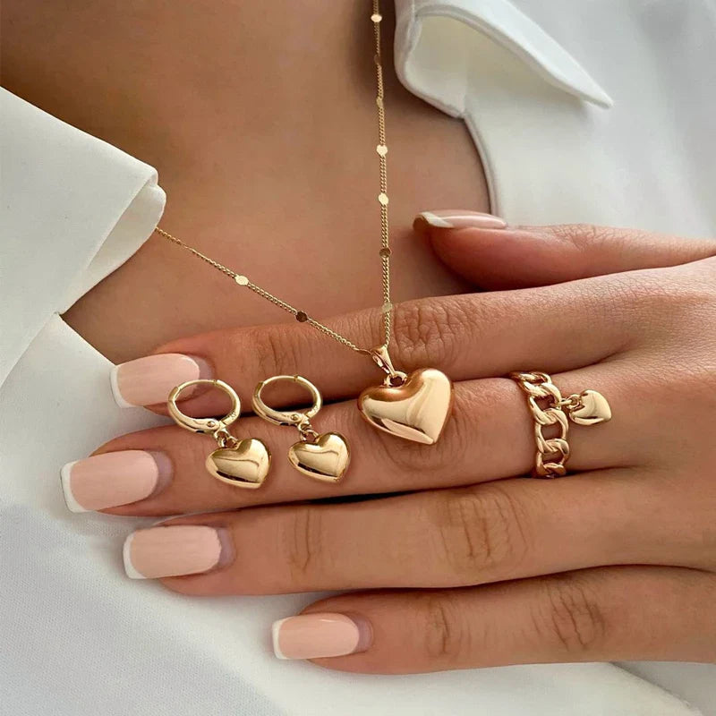 4Pcs/Set Vintage Love Heart Pendant Necklace Ring Hoop Earring for Women Simple Gold Color Smooth Jewelry Set Elegant Party Gift Vera Lux