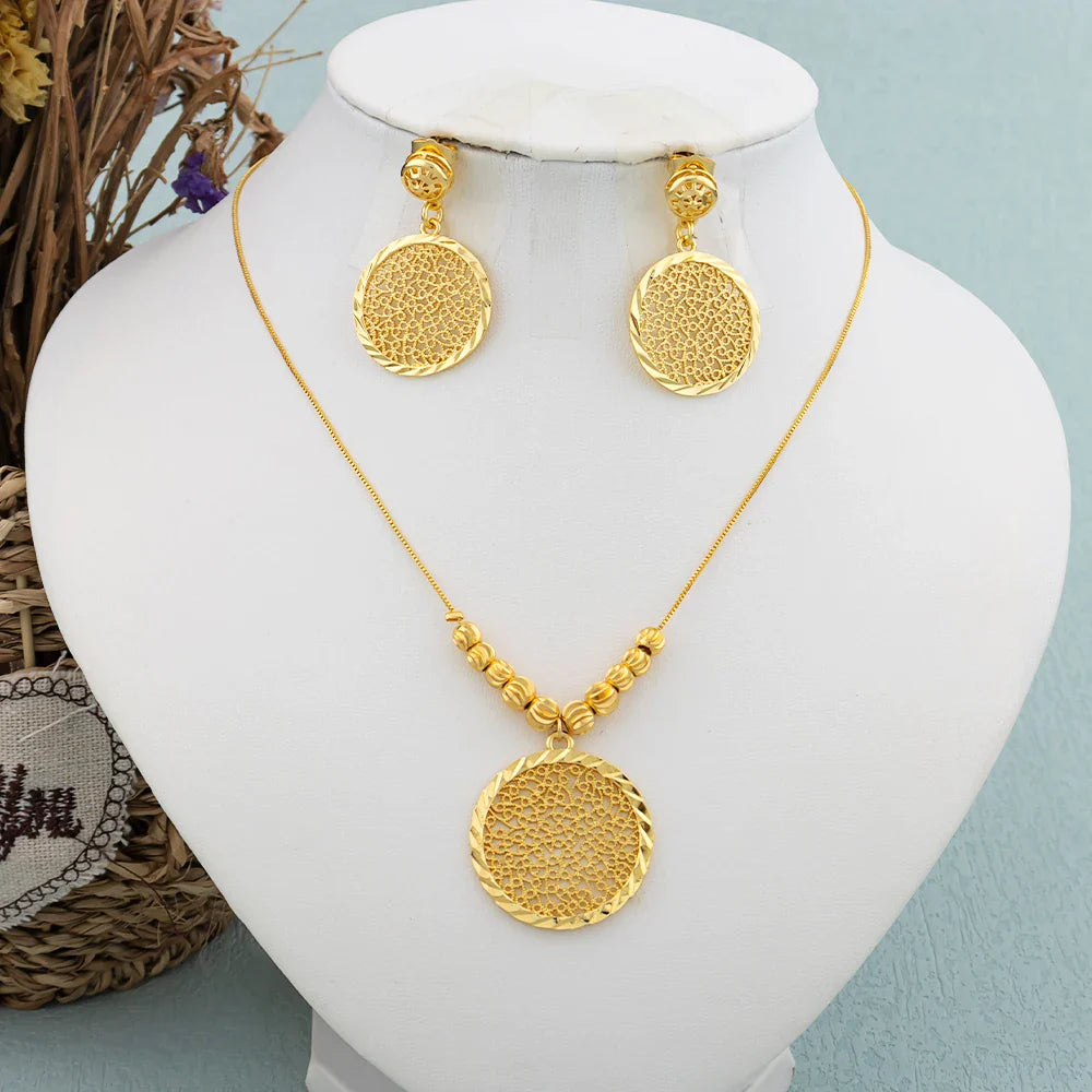 African Hoop Earrrings Necklace for Women Gold Plated Bead Chain Jewelry Set Dubai Classic Fashion Round Pendant Nigerian Gift Vera Lux