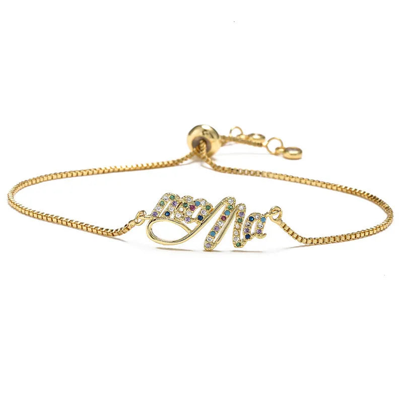 Fashion Gold Color "Mama" Charm Bracelets For Women Girl Adjustable Chain Length Luxury CZ Jewelry Gift For Mom Vera Lux