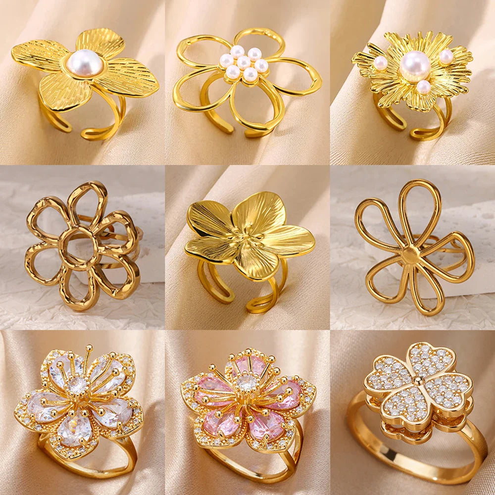 Stainless Steel Flower Big Open Rings For Women Gold Color Imitation Pearl Hollow Out Ring Trendy Aesthetic Jewerly Gifts Vera Lux