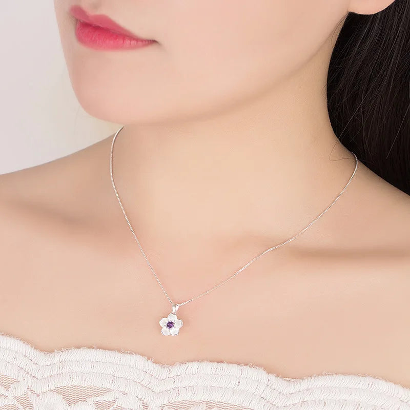 925 Sterling Silver Pink Purple Peach Blossom Necklaces For Women Retro Luxury Jewelry Accessories Freeshiping Items Jewellery Vera Lux