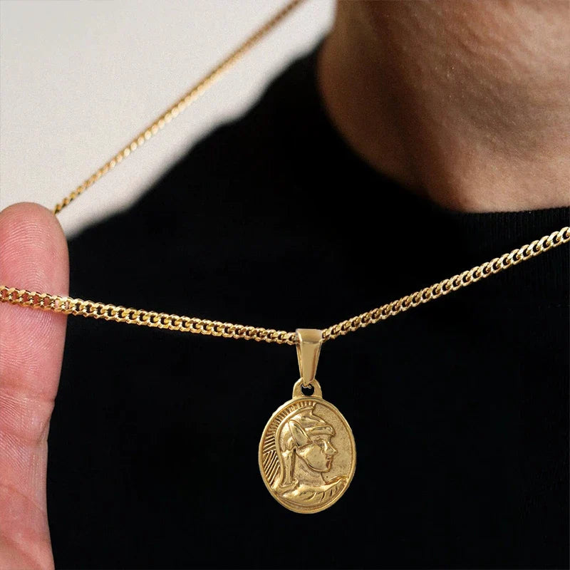 Roman Centurion Pendant 18K Gold Plated 18K Gold Plated Oval Portrait Charm Vintage Military Style Jewelry Necklace for Men Vera Lux