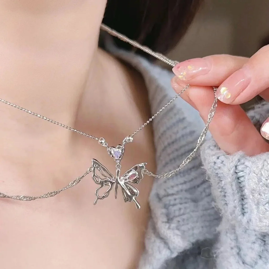 Y2K Crystal Butterfly Pendant Necklace Women Light Luxury Egirl Punk Heart Grunge Clavicle Chain Fashion Jewelry Party Gift 2023 Vera Lux