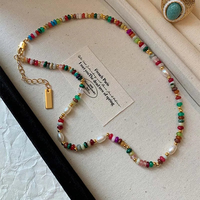 Fashion Colorful Beads Stone Natural Freshwater Pearl Necklaces For Women Retro Gold Color Clavicle Chain Necklace Jewelry Gifts Vera Lux